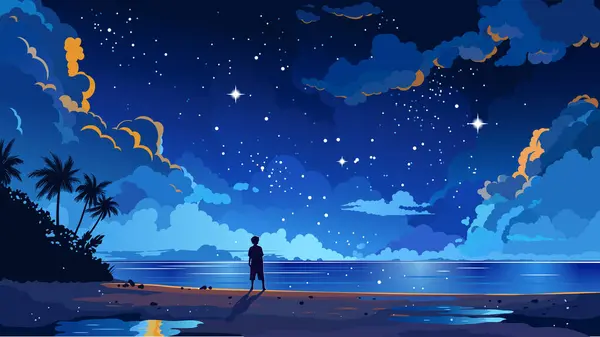 Yıldızlı deniz manzarası, geceleri karanlık gökyüzünde bulutlar..