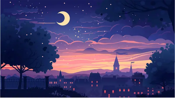 Klasik gece kasabası. Parlak ay ve kayan yıldız.