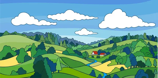 Tarlaları, ağaçları, otları olan kırsal bir yer. Yazın köy. Vektör deposu düz biçim illüstrasyonu
