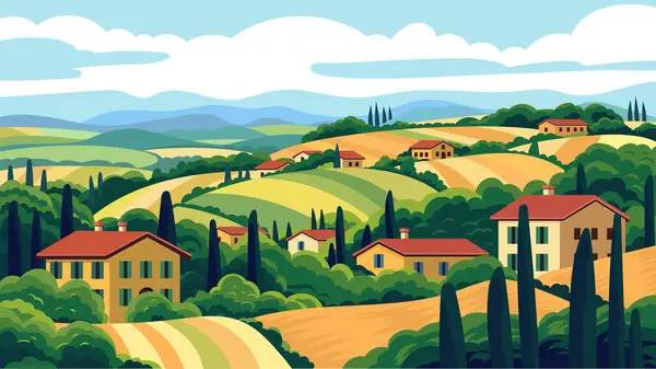 Toskana İtalya 'nın düz vektör illüstrasyonunun güzel manzarası