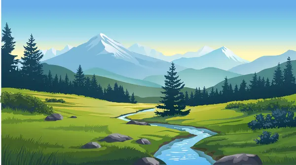 Temiz suyu, dağ sırtı, sık ormanı ve çayırı olan güzel bir nehir manzarası. Vektör illüstrasyonu