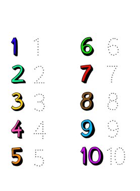 1 ila 10 Renkli Etkinlik İçin Sayı İzleme Çalışma Tablosu