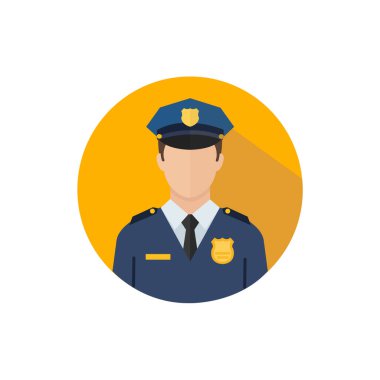 Emniyet ve Güvenlik Konsepti için Sarı Çember Arkaplanda Emniyet Teşkilatı İkonulu Üniformalı Polis Avatar 'ın Düz Tasarım Vektörü ResmiName
