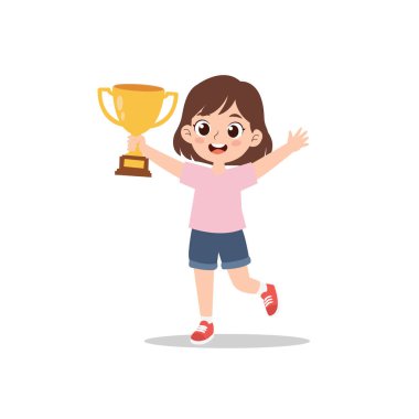 Mutlu Çocuk Tutma Ödülü Kazanan Çizgi Film Vektör Resimlerinde Gülümseyen Çocuk Şampiyonunun Ödül Kupasıyla İllüzyonu