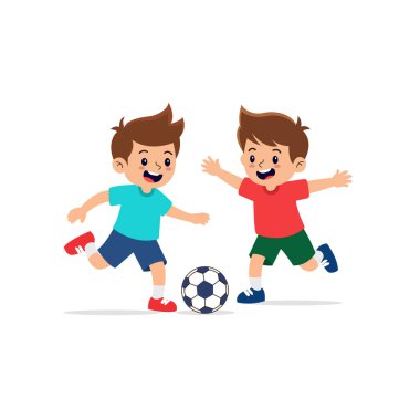 Futbol oynayan iki mutlu çocuk, spor aktivitesi, çocukluk eğlencesi, yassı tasarım karakterinin şirin çizgi film temsilciliği.