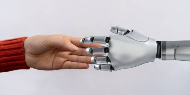 Yapay zeka kavramı, yapay zeka, yapay robot, insan, fikir, gelişme, düşünme, gelecekteki teknoloji dönüşümü, bilim, robot el, insan eli ve robot teknolojisi gelişimi ile bağlantı
