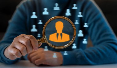 HR - İnsan kaynakları işe alımı, HRM, CRM, yönetim, büyüteç yönetici simgesi, personel, insan, geliştirme, işe alım liderliği, hedef grup, çalışan kavramını seç