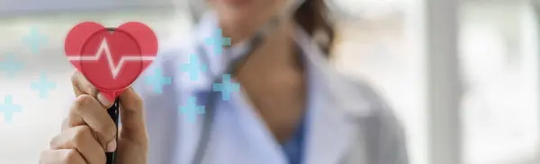 Doktor steteskop kontrolü kırmızı kalp ve kardiyogram, sağlık ve sağlık, kalp krizi, kalp krizi, dünya kalp krizi, kardiyovasküler hastalıklar, doktor, tedavi. Sigorta ve hastane konsepti