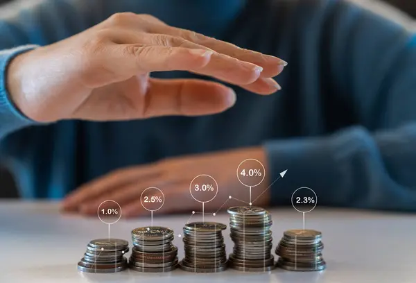 İnsan gücü sikkeleri istifleme ticari mali yatırım veri grafiği, iş büyümesi, para, borsa, tablo, faiz oranı, yatırım, fonlar, yüzde komisyon, bankacılık, pazarlama, kâr