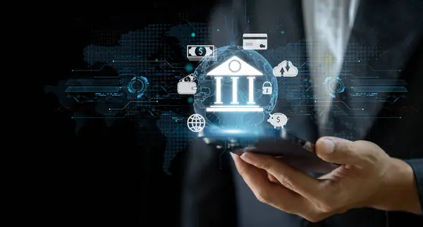 Çevrimiçi bankacılık dijital teknolojisi, mobil bankacılık, alışveriş, ödeme, finans, banka, para çekme, hesap transferi, kredi kartı, finans ve küresel iş çevrimiçi akıllı telefon