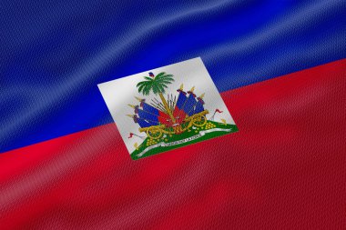 Cesur bir renk paleti ve merkezi arma içeren Haiti bayrağının desenli bir tasarımı..