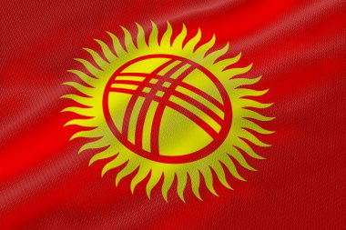 Kırgızistan bayrağının kırmızı zemin üzerinde biçimlendirilmiş güneş ve çadır açılışı içeren yakın plan görüntüleri..