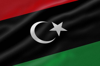 Soyut dokulu Libya bayrağında canlı renkler ve ayrıntılı desenlere sahip dinamik bir tasarım yer alıyor.