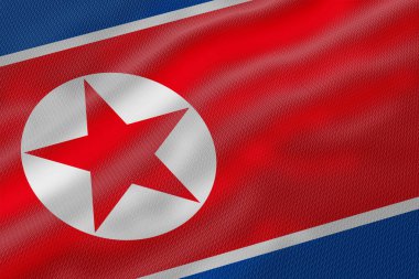  Kuzey Kore, üzerinde baskın kırmızı ve mavi çizgiler bulunan dalgalı bir bayrağın ayrıntılı dijital görüntüsü.