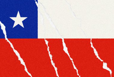 Chile Fragmented Identity: Ulusal bir bayrağın dokulu bir temsili, bölünmeyi sembolize etmek için görsel olarak yırtılmış, ama dayanıklılıkta kırmızı, beyaz ve mavi ipuçlarının renkleri. 