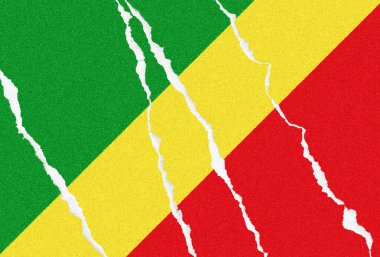 Desenli Kongo bayrağı arka planı kısmen beyaz kenarlarla yırtılmış, altında ne olduğunu ortaya çıkarıyor, kırılganlık hissi ve canlı renklerde geçiş hissi veriyor.