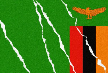 Sıkıntılı Zambiya bayrağı, yırtık kağıt katmanlarından sanatsal bir şekilde tasvir edilmiş, kırılganlık duygusu ve altta yatan dokuları benzersiz bir görsel tasvir ederek.