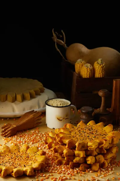 Geleneksel Özbek mısır ekmeği ve un ile kırsal mutfak aletleri ve kuru mısır taneleri. Karanlık arka planda kırsal yaşam.