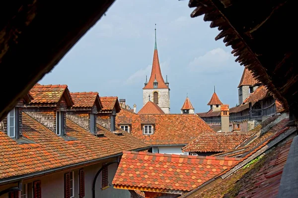 Defensieve Muren Rode Daken Van Oude Stad Murten Zwitserland Rechtenvrije Stockfoto's