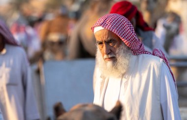 Buraydah, Suudi Arabistan, 4 Ağustos 2023: Sudi develeri ve deve pazarındaki erkekler
