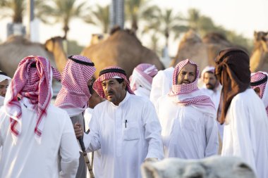Buraydah, Suudi Arabistan, 4 Ağustos 2023: Sudi develeri ve deve pazarındaki erkekler