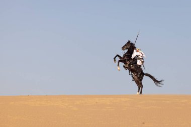 Suudi Arabistan 'lı bir adam çölde siyah aygırına biniyor.