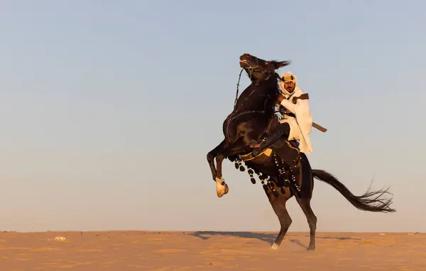 Muž Tradičním Saúdskoarabském Oblečení Poušti Černým Hřebcem — Stock fotografie