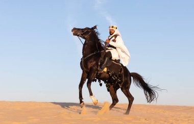 Siyah bir aygırla çölde geleneksel Suudi Arabistan kıyafetleri giyen bir adam.