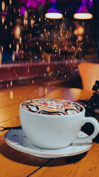 Kopp Cappuccino Med Vacker Latte Konst Mönster Med Gnistrande Bakgrund — Stockfoto
