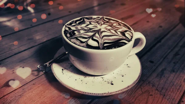 Filiżanka Cappuccino Pięknym Wzorem Sztuki Latte Serca Światła Musujące Walentynki — Zdjęcie stockowe