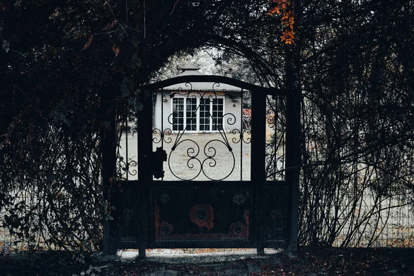 鉄は秋に暗い影を持つ古い閉じた金属の門を錆びました ホラーコンセプト — ストック写真