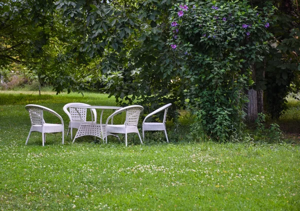 Tavolo Sedie Giardino Vuoti Bianchi Giardino Autunno Set Mobili Giardino — Foto Stock