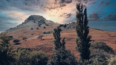  Vadinin yamacında çeşitli ağaçlar olan heybetli bir volkanik dağ ve gökyüzü bulutu manzarası