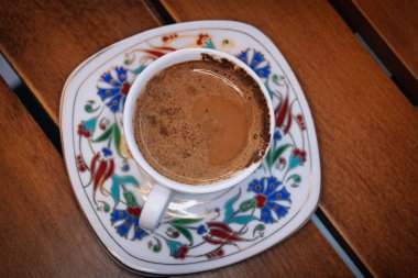 A cup of a turkish coffee on wooden table, traditional, Ramadan wallpaper