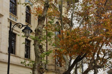 Vintage street lantern on the facade of the rustic french building