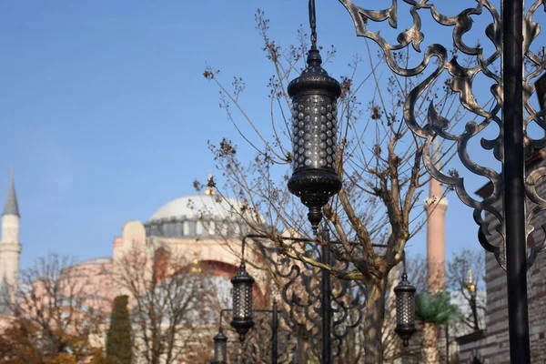 Authentic Ottoman Decorative Street Lamp Hagia Sophia Church Mosque Blurred — Stock Fotó