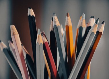 colorful wooden crayons stand vertically in pencil holder box