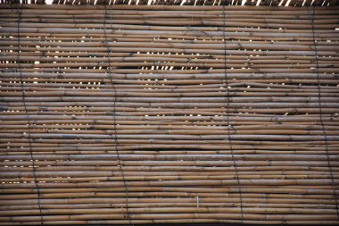 Wall made of steel wire and bamboo branches. Bamboo background detail