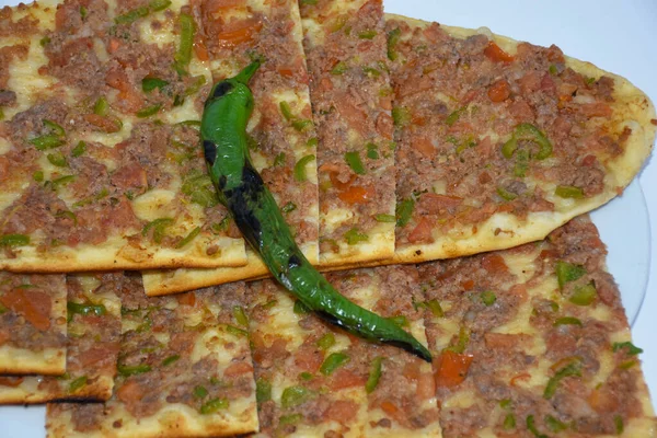 Peca Turca Pizza Con Carne Picada Cocina Tradicional Turca Pizza —  Fotos de Stock