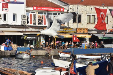 Foca, Izmir, Turkey 29 Jun 2021.  A big seagull spreading its wings above the boats in the historical port of Izmir Foca and restaurants along the harbor, Turkish flag, silhouettes of tourists