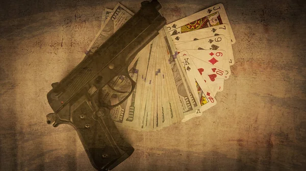 Gun, playing cards, money lying on the table. Criminal problems. Illegal selling.social corruption. cinematographic concept