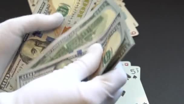 Young Woman White Gloves Counting Arranging Hundred Dollar Bills Her — Stock Video