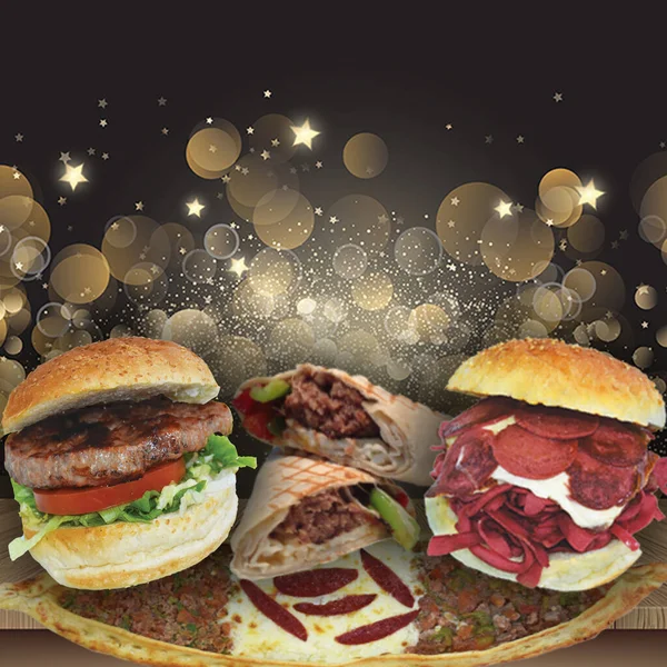 Ramadan restaurant banner with hamburger, kumru sandwich, Turkish pita pizza. Ramadan food party