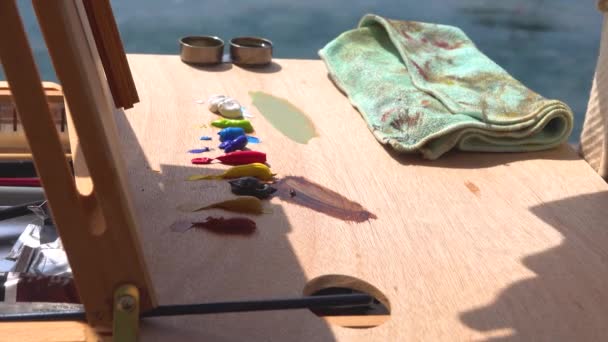 Eine Malerin Pleinair Meer Mischt Ölfarben Mit Ihrem Pinsel Vor — Stockvideo
