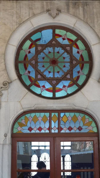 stock image Beautiful stained glass windows and entrance door at Sirkeci train station, once the last stop of the Orient Express, Istanbul, Turkey.