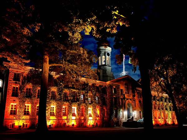 Nassau Hall view in Princeton University at night , USA.