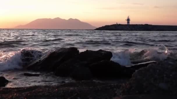 Sunset Seascape Lighthouse View Samothrace Island Kalekoy Harbour Gkeada Man — Stock Video