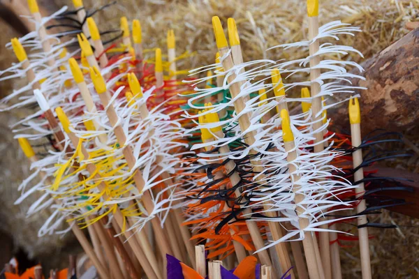 Setas Madeira Coloridas Tradicionais Reunidas Verticalmente Uma Tigela Flechas Tradicionais — Fotografia de Stock