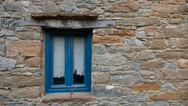 Traditional Mediterranean Aegean Type Blue Framed Stone House Window Copy — Stock Photo, Image