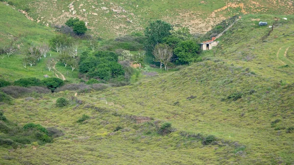 Een Klein Verlaten Huis Schuilplaats Tussen Bergen Het Voorjaar Berglandschap — Stockfoto